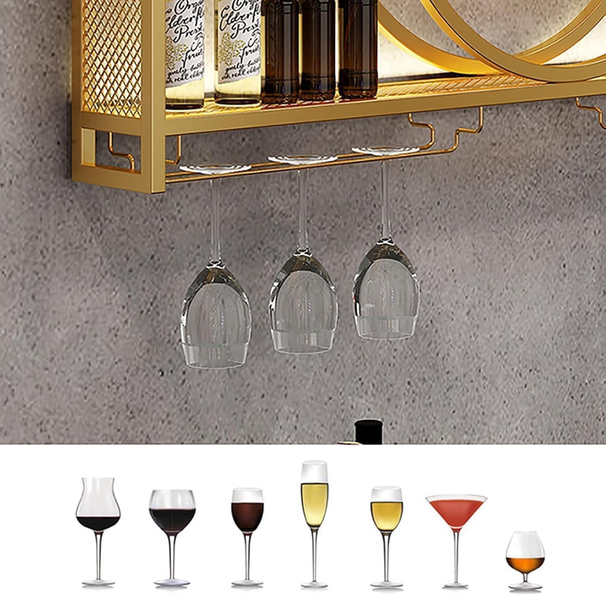 3-laags wijnrek aan de muur, flessenrek van metaal met glashouder, wijnstandaard aan de muur gemonteerd, hangend display rek, wandgemonteerde wijnflessenrek, bar rek