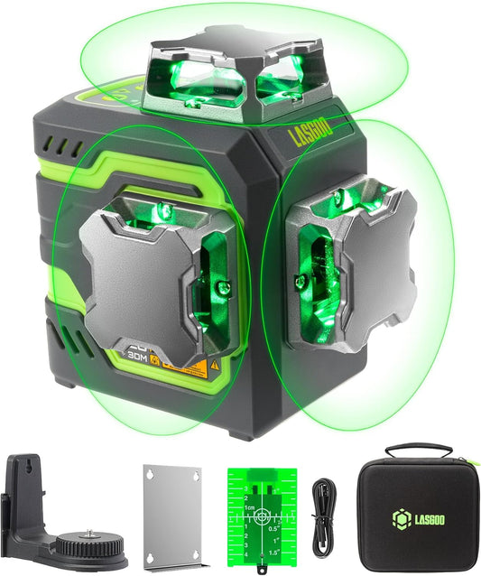 LasGoo LG-3DM Groene Beam Laserwaterpas, zelfnivellerende 3x360° kruislijnlaser voor bouw en foto's ophangen, 5200mAh oplaadbare batterij, Type-C kabel, Magnetische roterende standaard inbegrepen