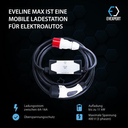 Eveline Max I/II, 3,7-22kW Smart Tragbare EVSE EV Auto Ladegerät Typ2 | SCHUKO/CEE 5-Pin (RCD FI A-EV) | EV typ 2 laadkabel 16-32A | 1/3-fasig (3-Phasig 16 A / 11 kw / 5m)