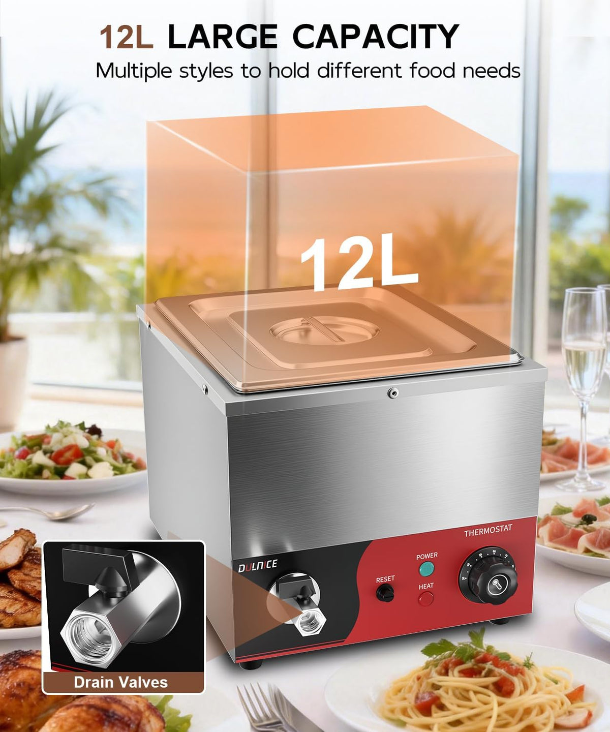 Bain Marie Elektrisch GN 1/2 met reset, elektrische voedselverwarmer, 600 W, roestvrij staal, met afvoerkraan voor feestjes, catering en restaurants, 30-85 °C