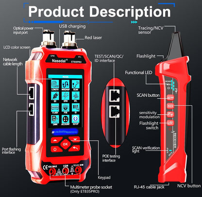 Netwerkkabeltester, optische vermogensmeter, VFL 4 IN 1, draadtracker RJ45 CAT5 CAT6 CAT7 CAT8 test UTP STP QC kabellengte scanpoort Flashng tester POE