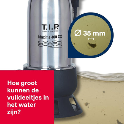 T.I.P. Maxima 400 CX 30140 Vuilwaterpomp, bouwpomp, debiet tot 24.000 l/u, opvoerhoogte max. 9 m/druk max. 0,9 bar, 950 W, met gegoten loopwiel, vergrendelbare vlotterschakelaar