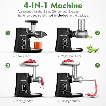 AMZCHEF Cold Press Slow Juicer met 2 snelheidsstanden （Zachte en harde stand）voor een breed scala aan fruit en groenten - Juicer wordt geleverd met een 500ml draagbare fles en twee kopjes - Zwart