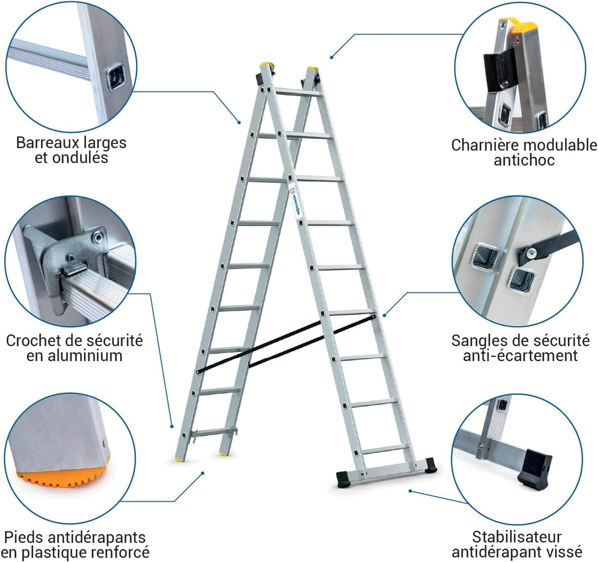 StablePro Ladder, 2 vlakken, 2 x 9 treden, aluminium, uittrekbaar, 3 posities, werkhoogte max. 5,02 m, 5 jaar garantie, Hostrom