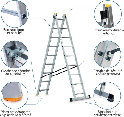 StablePro Ladder, 2 vlakken, 2 x 9 treden, aluminium, uittrekbaar, 3 posities, werkhoogte max. 5,02 m, 5 jaar garantie, Hostrom