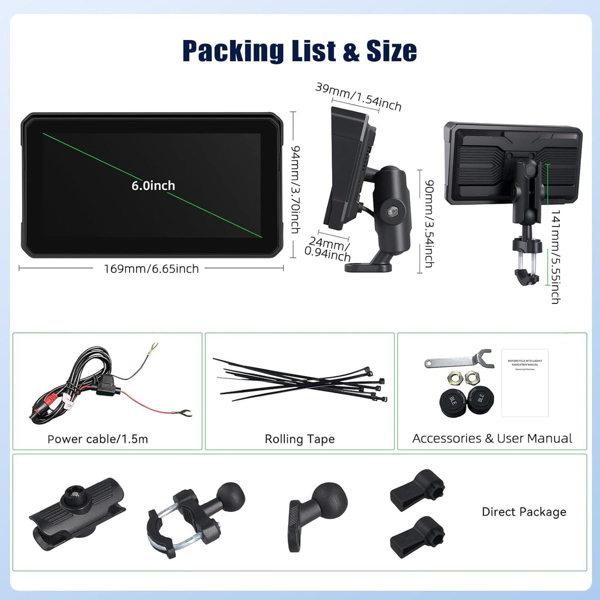 Motor GPS Navigatie Display met draadloze CarPlay en Android Auto, 6-inch IP68 waterdichte motorfiets Navigatie met Bluetooth Mirror Link, Siri EQ en bandenspanningssensor