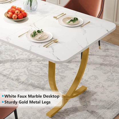 Tribesigns Rectangular Dining Table for 4 to 6, 160cm White and Gold Modern Kitchen Table with Faux Marble Tabletop and Metal Legs for Dining Room, Kitchen or Living Room