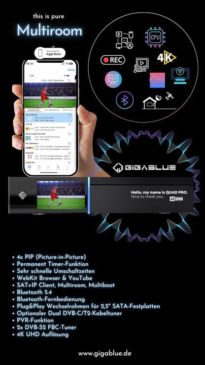 GigaBlue UHD Quad 4K Pro – PVR-ontvanger met HBB-TV, Bluetooth 5.4, 2 x FBC DVB-S2 tuner, Gigabit LAN (zonder HDD)