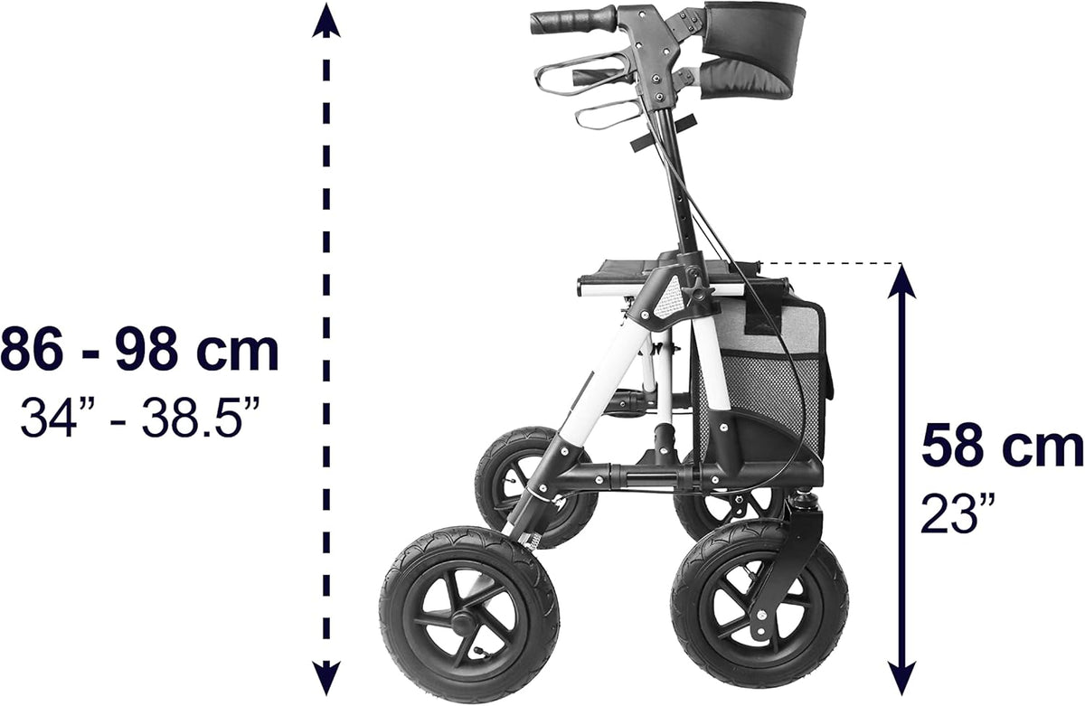 KMINA PRO - Outdoor Rollator Met Luchtbanden, Groot Wiel, Opvouwbaar Voor Senioren, Aluminium Frame Voor Buitengebruik, Met Zitje en Mandje