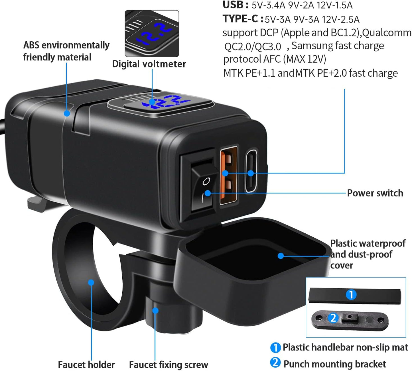 USB-stopcontact voor motorfiets, 18 W, QC3.0, 30 W, PD, USB-oplader voor motorfiets, waterdicht, snel opladen met schakelaar en led-voltmeter, USB-stuur voor marine, auto, camper, SUV