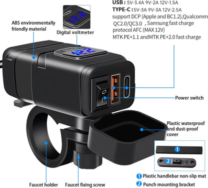 USB-stopcontact voor motorfiets, 18 W, QC3.0, 30 W, PD, USB-oplader voor motorfiets, waterdicht, snel opladen met schakelaar en led-voltmeter, USB-stuur voor marine, auto, camper, SUV