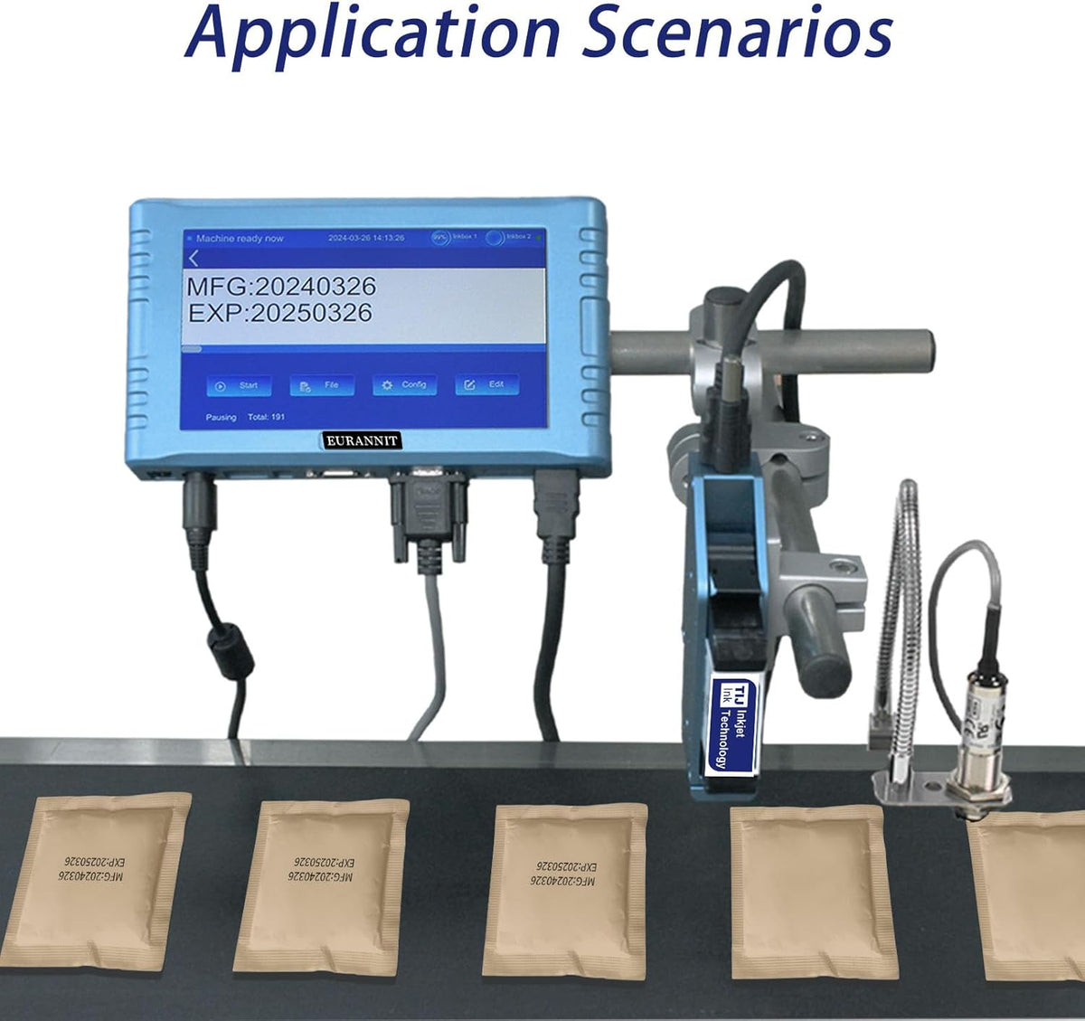 Automatische inkjetcodemachine voor de lijn, 260E thermische inkjetprinter met 7 inch touchscreen voor datum/partij/QRCode/Barcode/Logo enz. (1 mondstuk/25,4 mm)