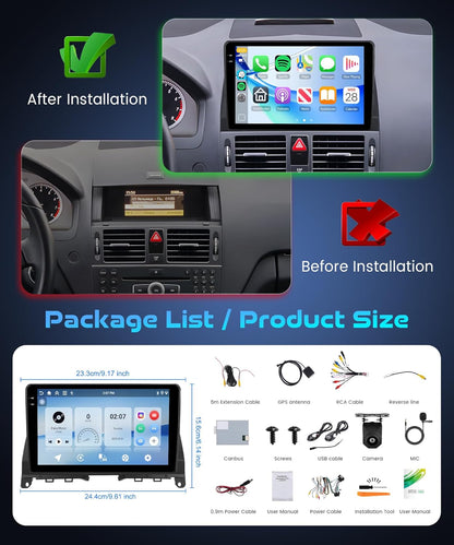 4G + 128G Android autoradio voor Mercedes Benz C klasse W204 S204 met COMAND 2006-2011, 9 inch in-cell display carplay draadloze Android Auto GPS Navi WiFi FM/RDS/EQ Bluetooth Mirror Link SWC