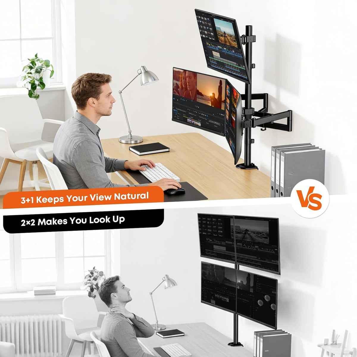 Monitorhouder voor 4-monitoren 17 inch - 27 inch - monitor tafelhouder voor led-lcd-schermen, in hoogte verstelbare monitorhouder boven elkaar monitorhouder, 10 kg per arm, VESA 75/100, zwart