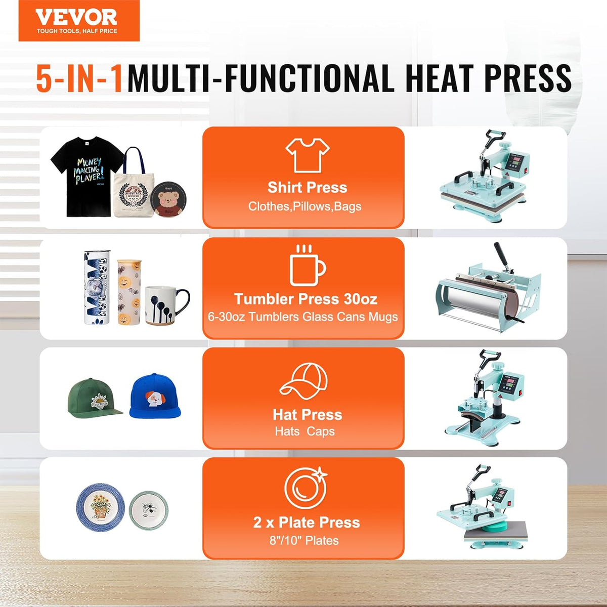 VEVOR Warmtepersmachine, 30,5 x 38 cm, 5-in-1 warmteoverdrachtmachine met 30 oz tuimelpers, 360° zwenkbaar T-shirt persen, digitale nauwkeurige controle, voor T-shirts, mokken/hoeden/borden, groen