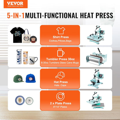 VEVOR Warmtepersmachine, 30,5 x 38 cm, 5-in-1 warmteoverdrachtmachine met 30 oz tuimelpers, 360° zwenkbaar T-shirt persen, digitale nauwkeurige controle, voor T-shirts, mokken/hoeden/borden, groen