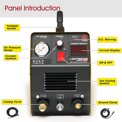 SUSEMSE Plasmasnijder 55 ampère IGBT inverter plasma cutter CUT55 plasma lasapparaat (DC, 230V, snijstroom 20-55A, snijvermogen max tot 14mm) - met plasmabrander en plasma sproeiers set