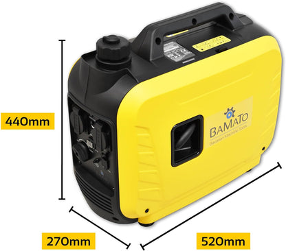 BAMATO BGE-2000I Inverter stroomgenerator | 2000 Watt | Inverter-technologie | 64,1 dB(A) | twee 230 V wisselstroomstopcontacten en twee 2,1 A snel ladende USB-poorten