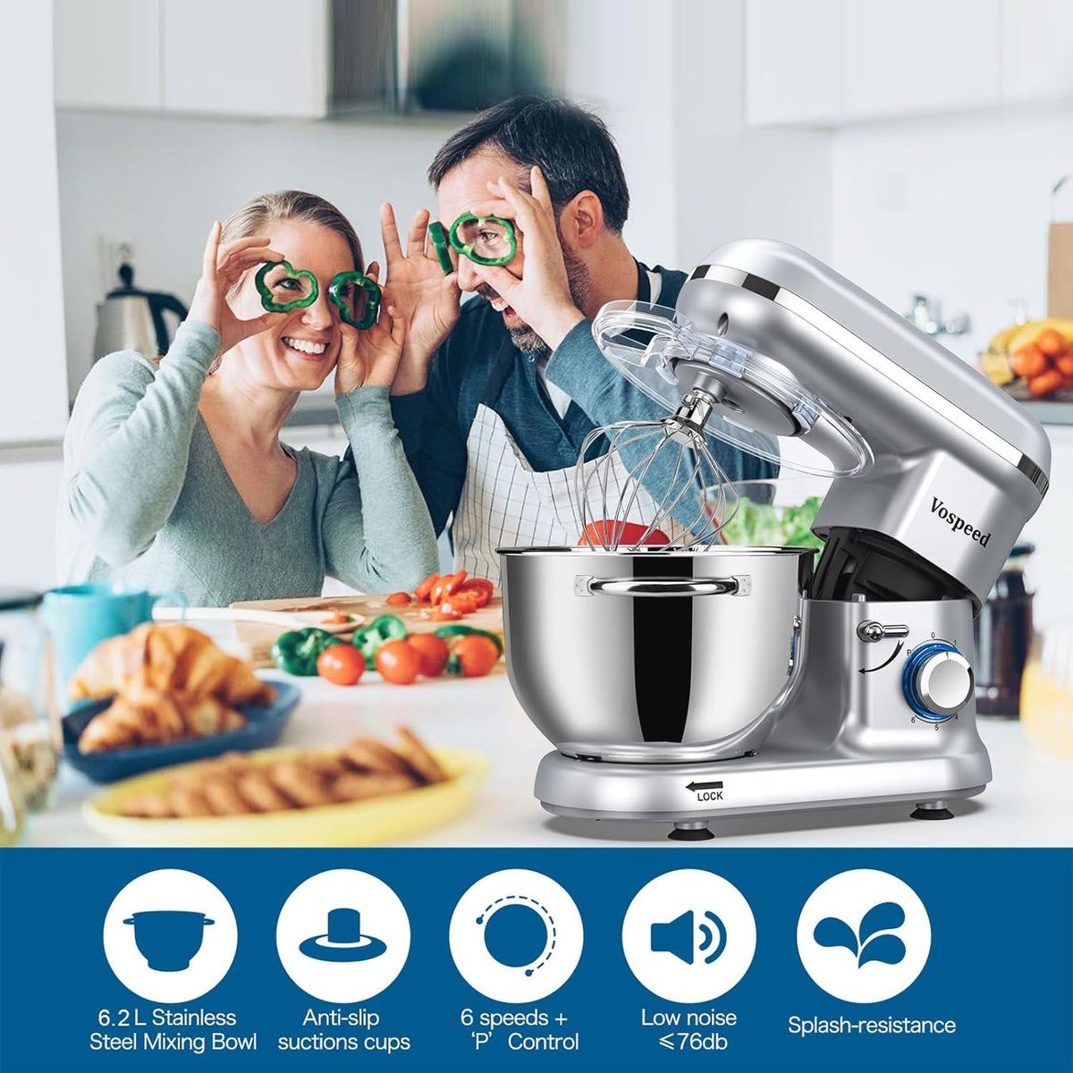Keukenmachine Kneedmachine voor bakken, Vospeed 1500W 6-snelheden elektrische keukenmixer met 6,2QT kom, klopper, haak, garde, eierscheider (zilver)