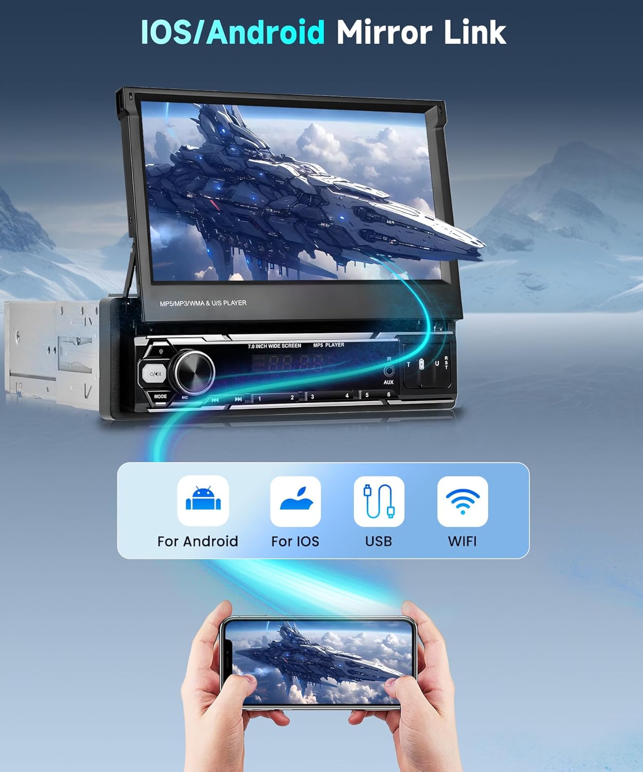Rimoody Autoradio, 1 Din Wireless Carplay Android Auto met 7 Pollici HD touchscreen, handmatig intrekbare beeldscherm, autoradio met Bluetooth GPS Navi Mirror Link FM/AM/RDS radio TF/USB/AUX