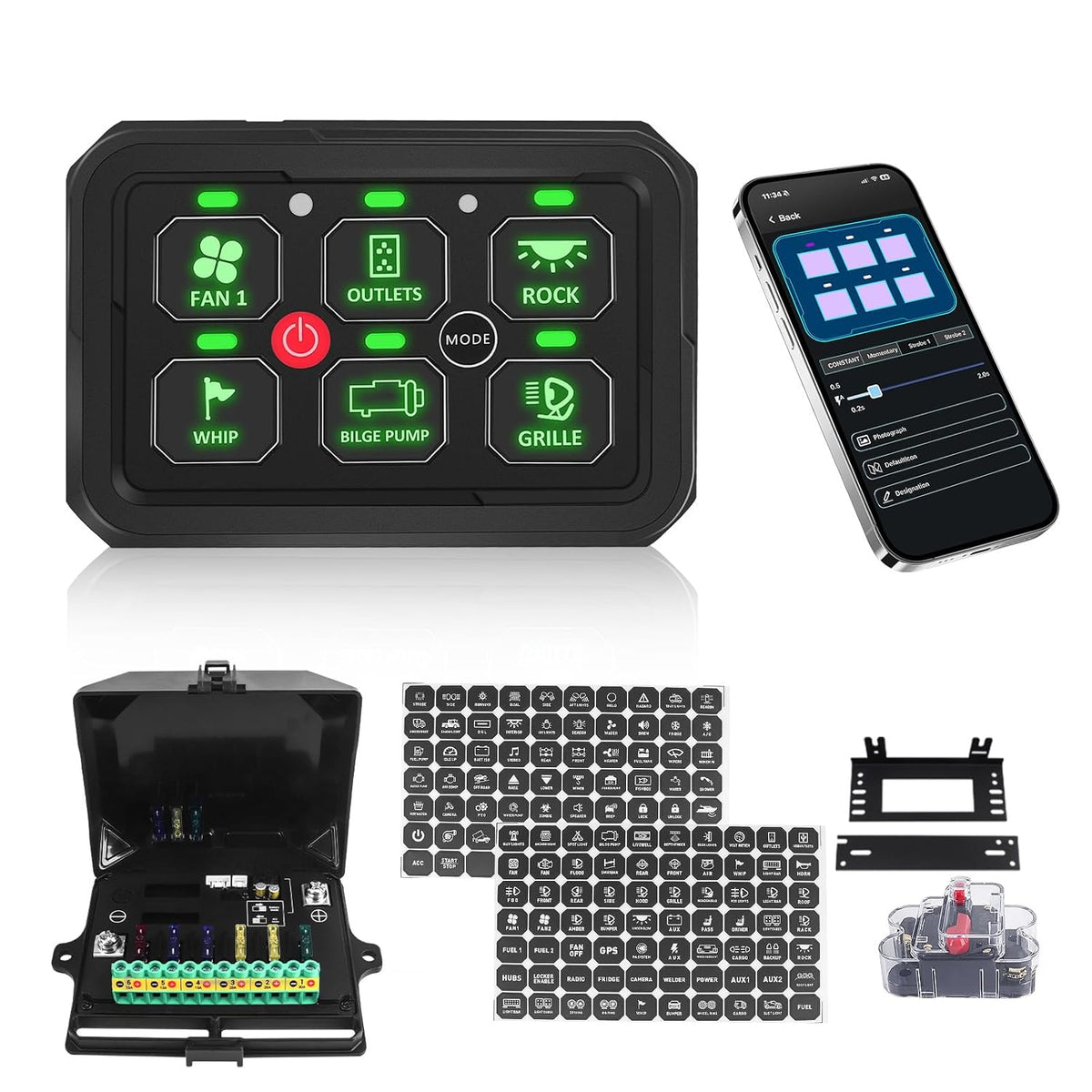 Chelhead 6 versnellingen bedieningspaneel 12 V Bluetooth, multifunctionele mariene afstandsbediening, IP65 waterdicht, relaissysteem, controlelampje, 60 A automatische dimbare lichtbalk
