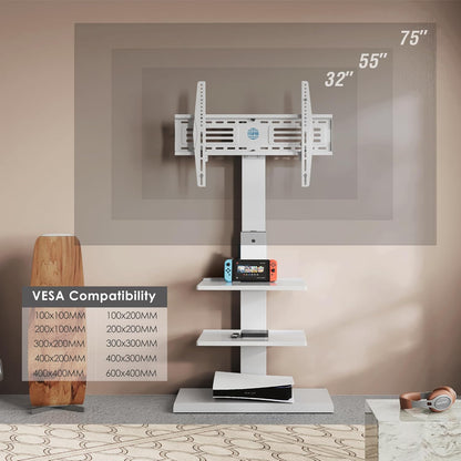 Vloer TV standaard – TV standaard – TV vloerstandaard – TV stand – Vloermodel TV standaard – 32-75 inch, draaibaar, kantelbaar en in hoogte verstelbaar – Max. draagkracht 40 kg, VESA 200x200-600x400 mm, wit