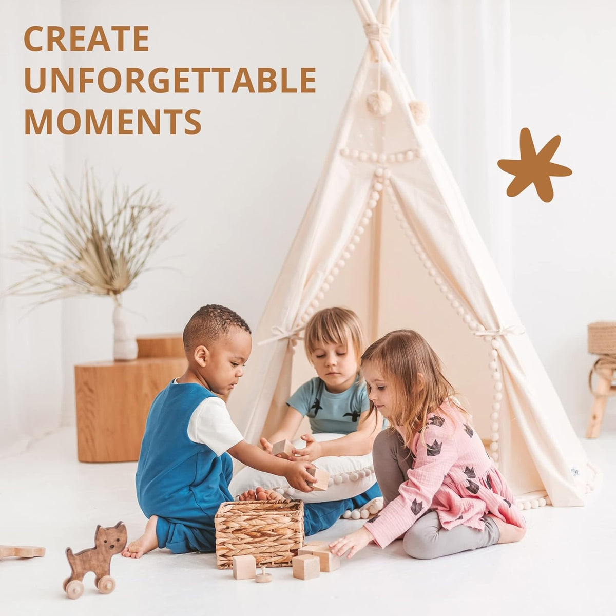 MINICAMP Originele tipi-tent voor kinderen, handgemaakt natuurlijk canvas en houten speelhuis voor kinderen en peuters, indoor logeerpartijtje speeltent voor meisjes en jongens, extra stabiele