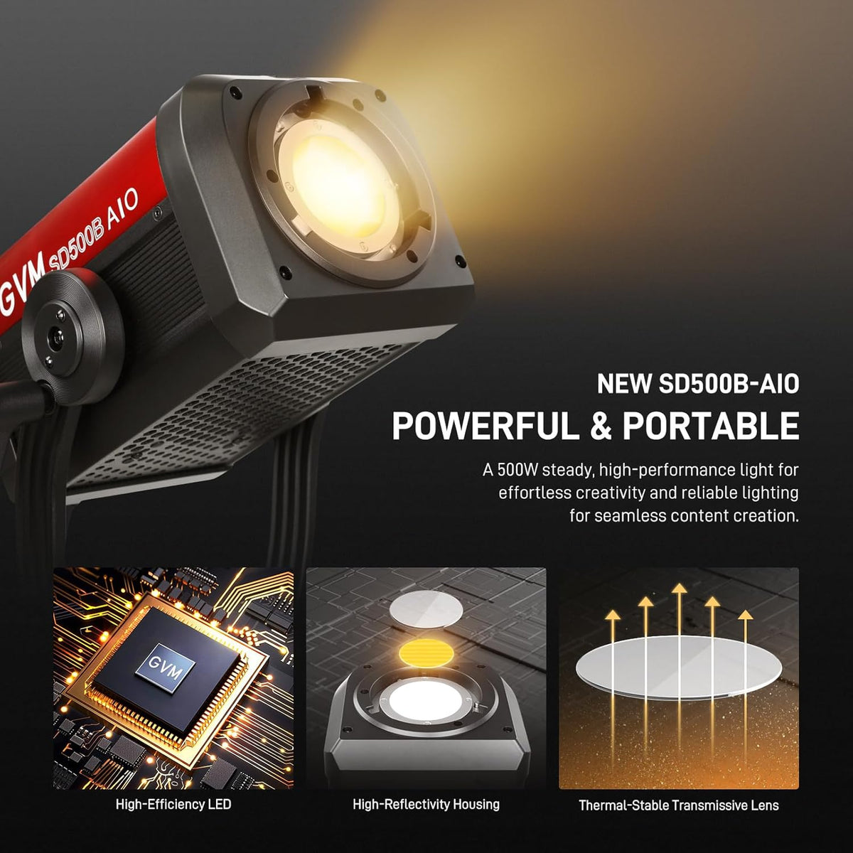 GVM 500 W led-videolamp met app-bediening, 2700 K - 6800 K COB studiolcht videolicht 27040Lux/1 m, studio-fotografie verlichting met bowen-houder, continu licht voor fotografie met standaard afdekking