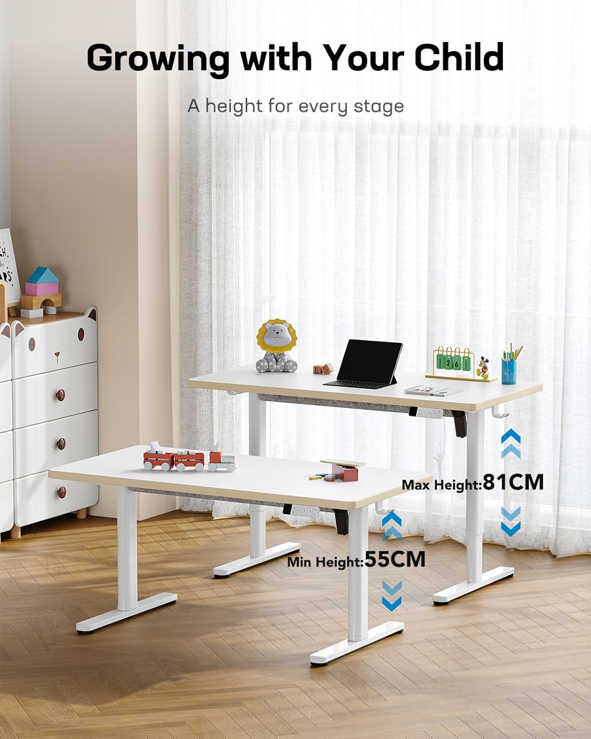 HUANUO Electric Sit-Stand Desk for Children with Mat Surface 120 x 60 cm, Hand Control with LED Display with 3 Preset Heights & Child Safety Lock - QUORE