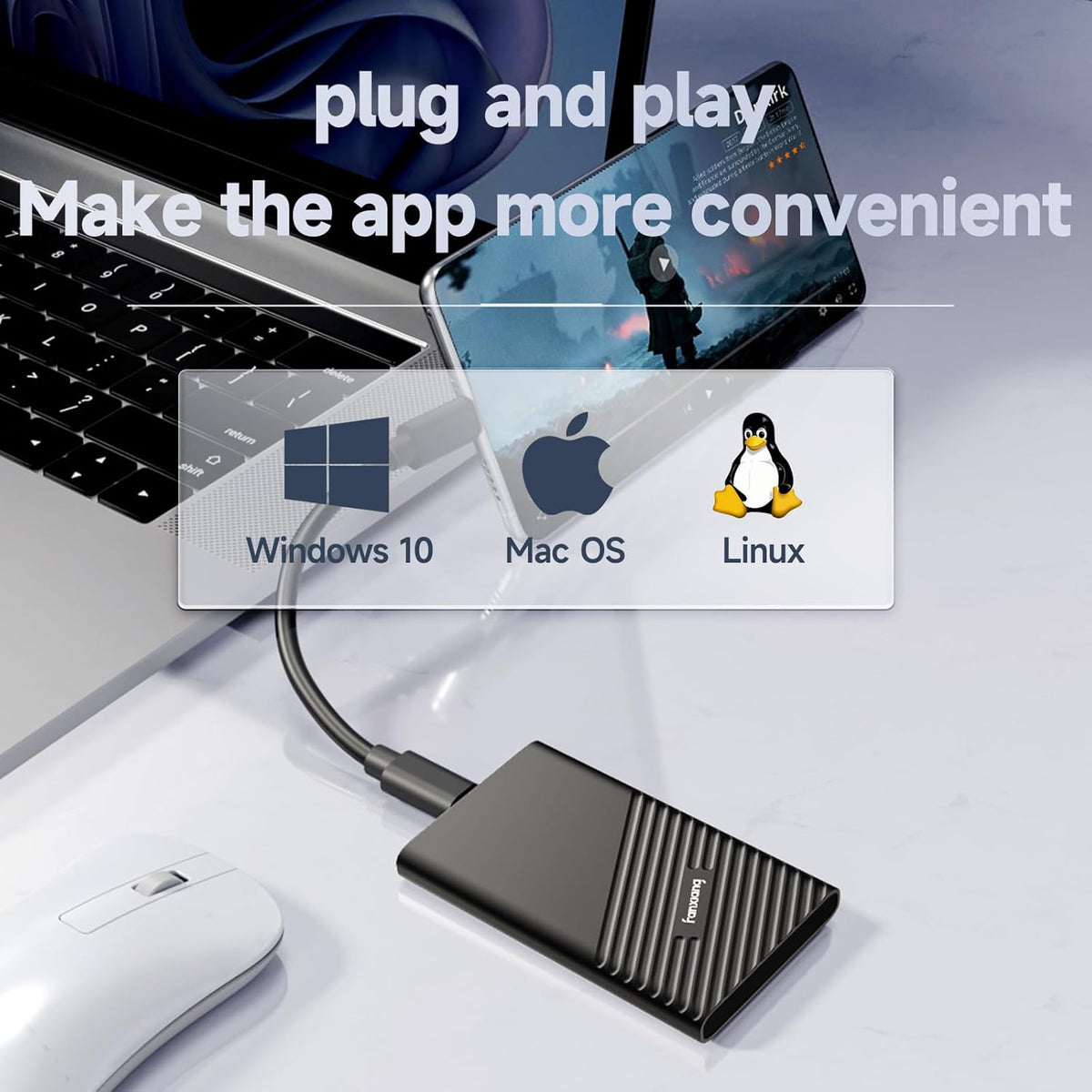 fanxiang 2TB Portable External SSD, Up to 2000MB/s Reading, USB 3.2 Gen2 USB-C PSSD, Portable SSD Hard Drive for iPhone 15/16, PS5/PS4 (Pro), Xbox, OTG Phone, PC, Laptop - PS2000W - QUORE