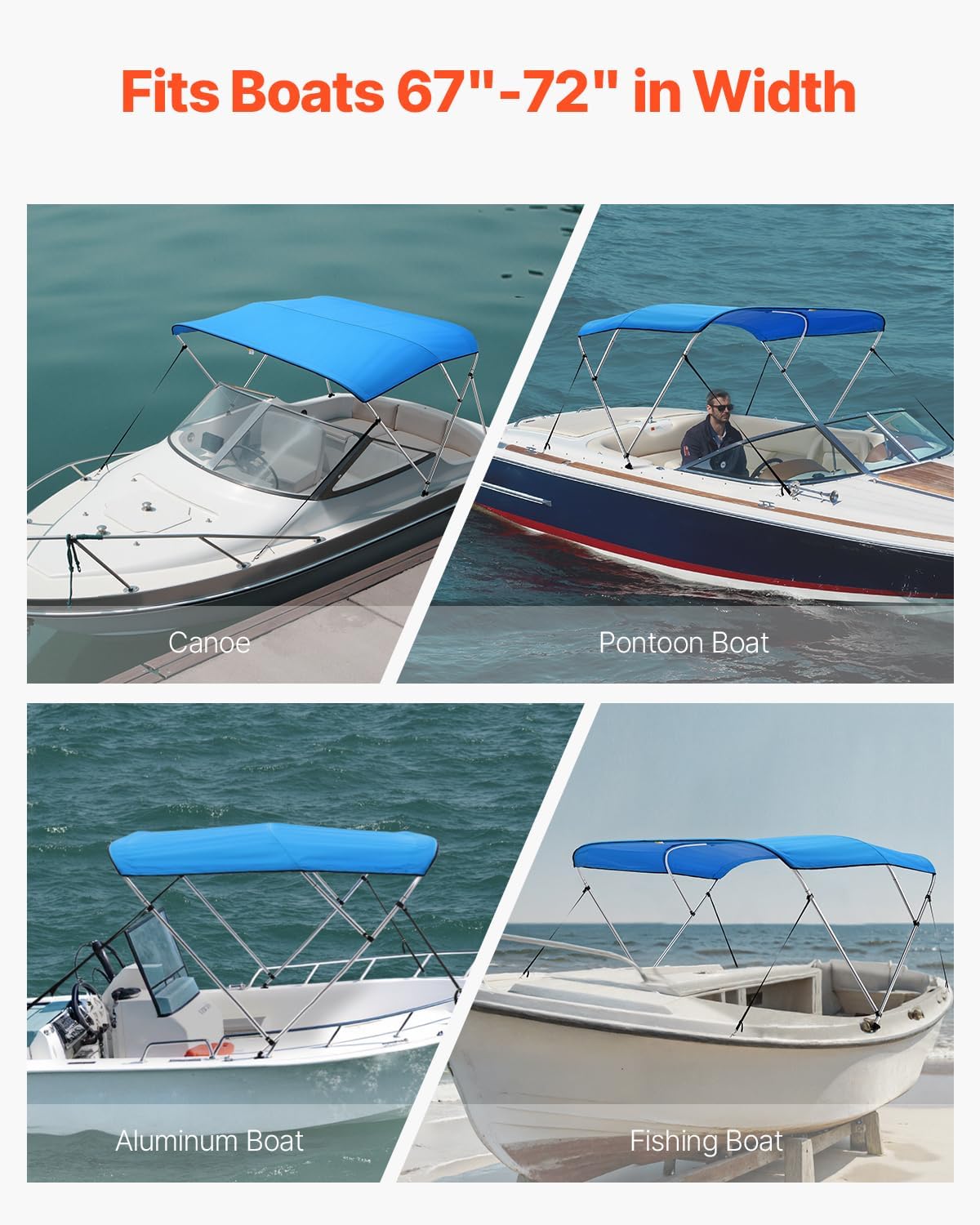 VEVOR Bimini-tops met 3 bogen, 600D polyester luifel met aluminium frame, waterdicht en zonnescherm bootluifel met opbergtas, 2 steunstangen, 4 riemen, 6'Lx (67"-72") Bx46"H, Pacific Blue