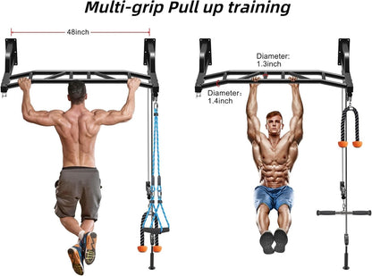 SELEWARE 48 ''Heavy Duty Pull Up Bar Wandmontage Multifunctionele Chin up Bar met Home Gym Kabel Katrol Systeem LAT Pulldown Workout Bijlagen Zware Tas Hanger