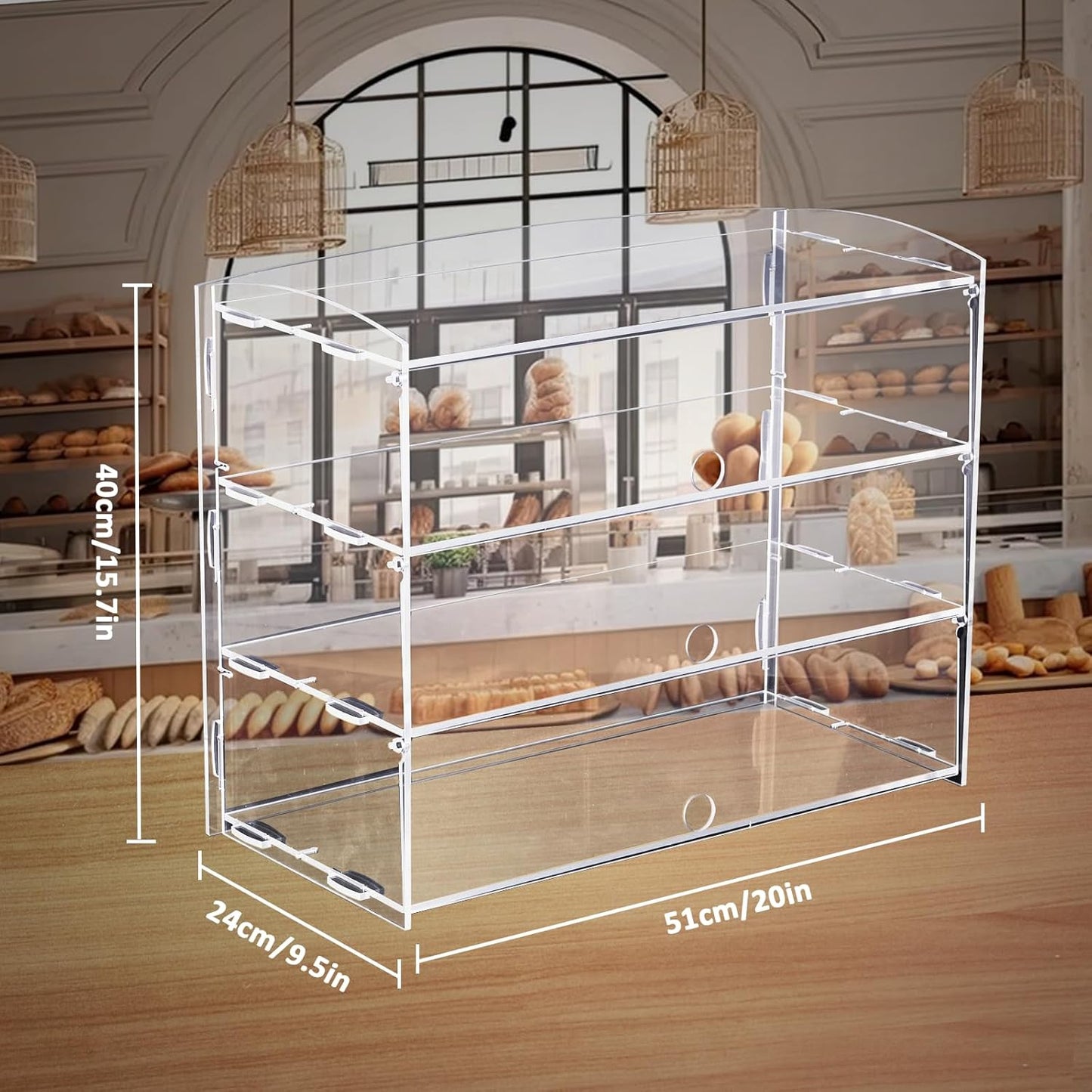 Acryl gebak vitrine – Taartvitrine, gebaksvitrine, displayvitrine, toonbankvitrine – 3 lagen – Doorzichtig acryl, beschermt tegen vocht en stof