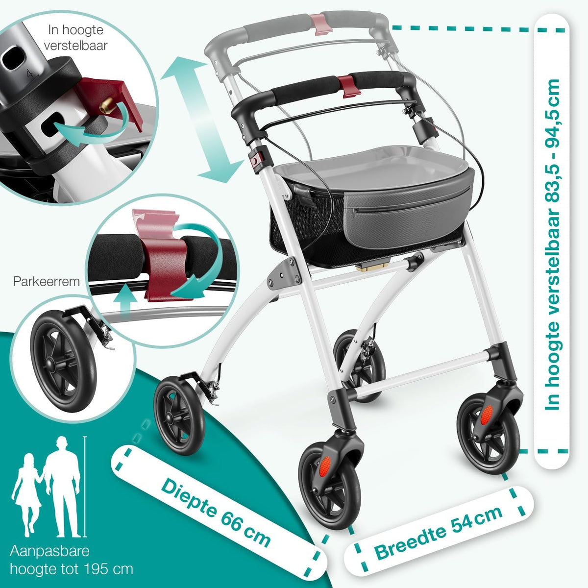 ELONEO Lichtgewicht Rollator voor Binnen - 54 cm Breed, Opvouwbaar Looprek met Dienblad en Stoffen Mandje, Smalle Rollator van Aluminium, Inklapbaar Mobiliteitshulpmiddel, Wit