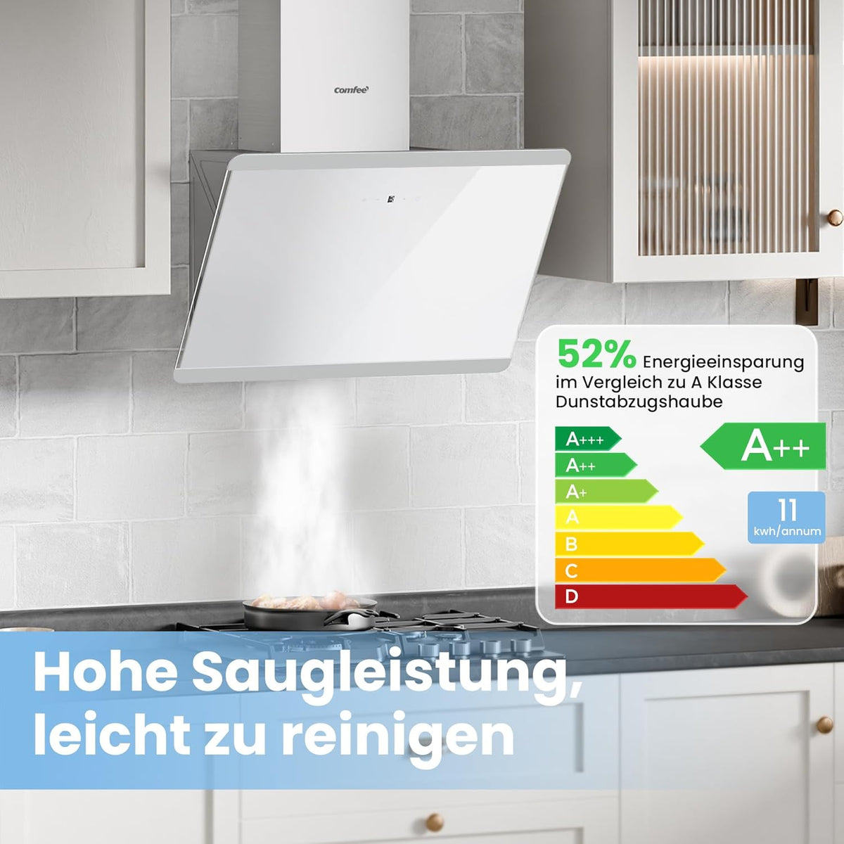 COMFEE CH60J64ET4A2W A++ afzuigkap 60 cm, afzuigkap 60 cm convectie en afvoerlucht, 380 m³/h luchtstroom, roestvrij staal/glazen design met touchscreen, led, afzuigkap incl. koolstoffilter, wit