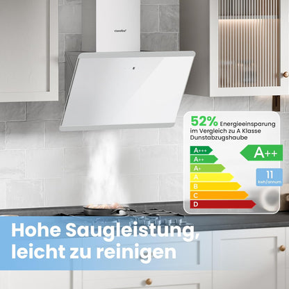 COMFEE CH60J64ET4A2W A++ afzuigkap 60 cm, afzuigkap 60 cm convectie en afvoerlucht, 380 m³/h luchtstroom, roestvrij staal/glazen design met touchscreen, led, afzuigkap incl. koolstoffilter, wit