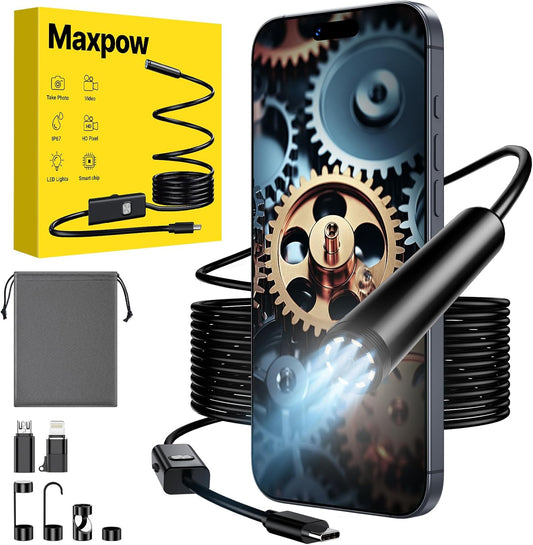 Maxpow Endoscoopcamera met licht, 1920 HD 8 ledverlichting, waterdichte IP67-endoscoop voor Android- en iOS-smartphones, semi-rigide kabelinspectiecamera voor autoreparatie, ventilatiebuizen