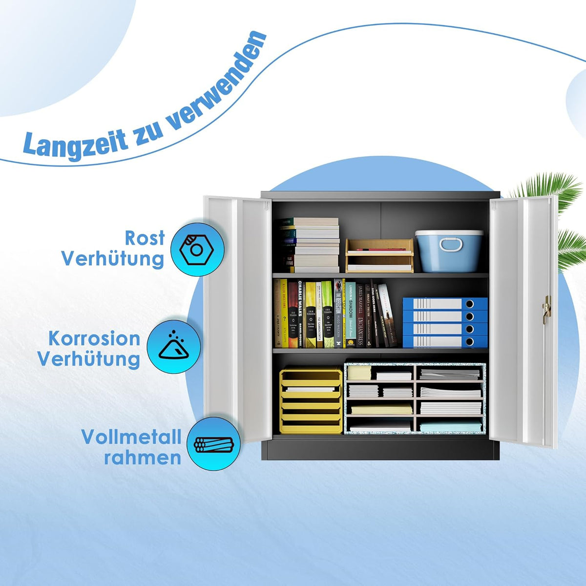 90 cm H Archiefkast, metalen kast met 2 in hoogte verstelbare legplanken, plaatstaal met poedercoating, stalen kast voor gereedschap, garage (zwart/wit)