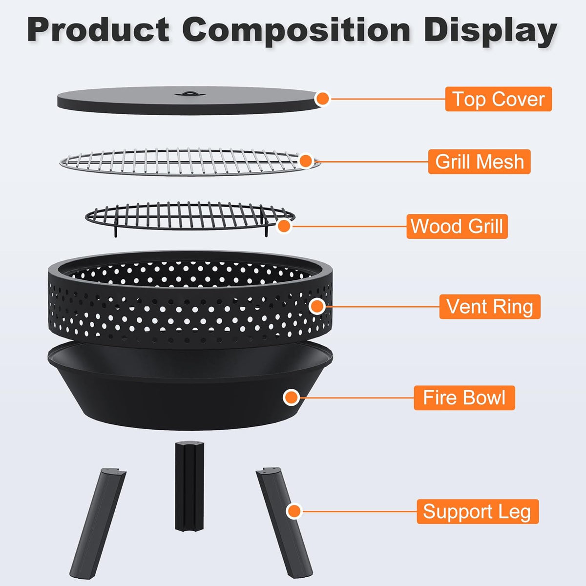 54.6 cm Vuurschaal met Grillrooster, Multifunctioneel Vuurplaats Voor Buiten met Waterdichte Tas en Pook, Vuurschaal voor Buiten, Kampvuur en Kamperen, BBQ Vuurkorf