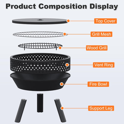 54.6 cm Vuurschaal met Grillrooster, Multifunctioneel Vuurplaats Voor Buiten met Waterdichte Tas en Pook, Vuurschaal voor Buiten, Kampvuur en Kamperen, BBQ Vuurkorf