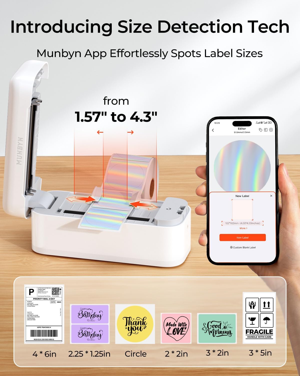 MUNBYN Bluetooth verzendlabelprinter, 4x6 thermische labelprinter voor kleine bedrijven, compatibel met iPhone, Android, Windows, macOS, Etsy, Shopify, eBay, Royal Mail, DHL, DPD, Evri, 402B, Wit