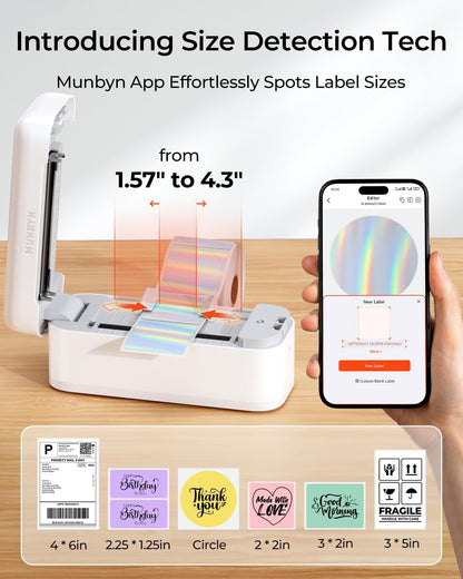 MUNBYN Bluetooth verzendlabelprinter, 4x6 thermische labelprinter voor kleine bedrijven, compatibel met iPhone, Android, Windows, macOS, Etsy, Shopify, eBay, Royal Mail, DHL, DPD, Evri, 402B, Wit