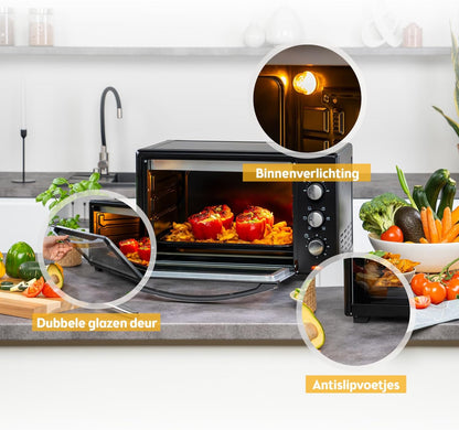 TZS First Austria - Minibakoven 35L 1600W - Mini Bakoven Pizzaoven traploze temperatuurregeling tot 230°C & antiaanbaklaag - Minioven 60 min. timer, 3 inschuifhoogtes, bakplaat & grillrooster