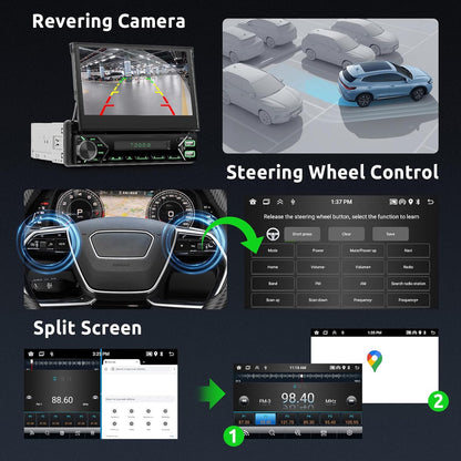1 DIN Android Autoradio – Multimedia Speler – Car Stereo – Auto Radio – GPS Navigatie – Uitschuifbaar 7 Inch HD Touchscreen – Draadloze CarPlay & Android Auto – Inclusief Achteruitrijcamera