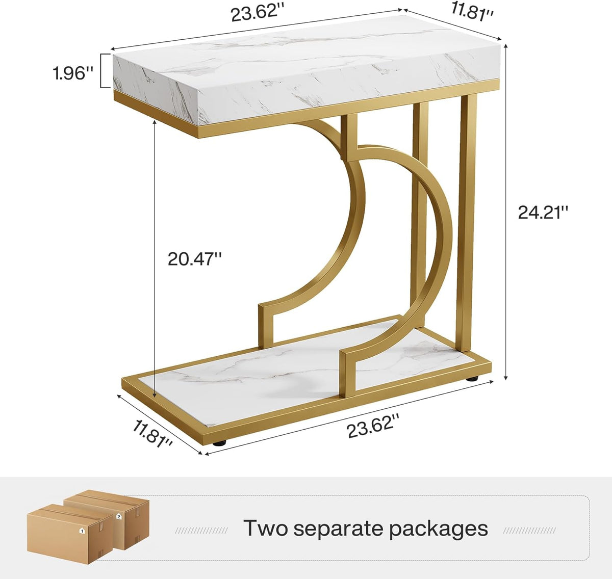 Tribesigns Narrow Side Table, Set of 2, C-Shaped Side Table, Modern Bedside Table for Sofa, Coffee Table with Metal Frame for Living Room (White Gold)
