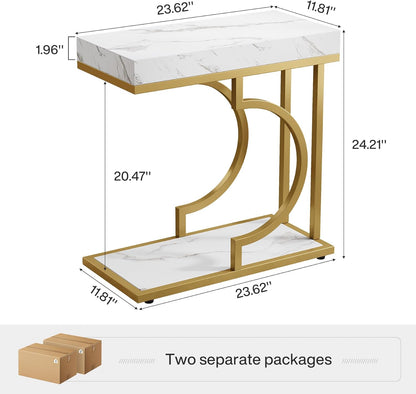 Tribesigns Narrow Side Table, Set of 2, C-Shaped Side Table, Modern Bedside Table for Sofa, Coffee Table with Metal Frame for Living Room (White Gold)
