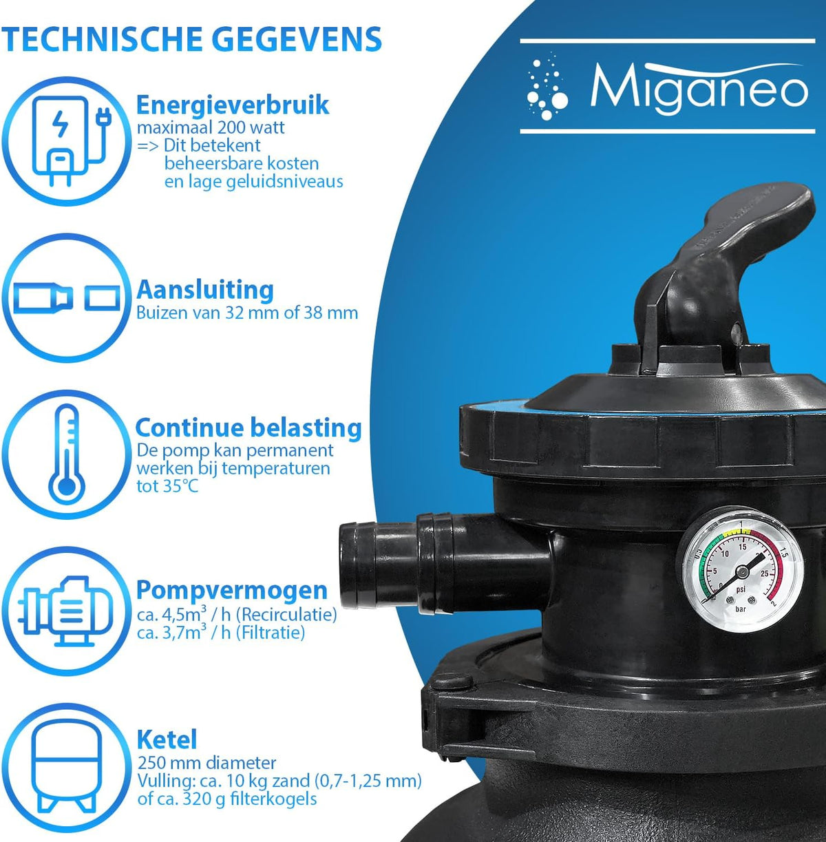 Miganeo Dynamic 6500 Zandfiltersysteem, pompvermogen 4,5 m3, blauw, grijs, zwart, voor zwembaden zwart