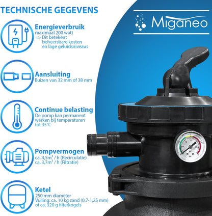 Miganeo Dynamic 6500 Zandfiltersysteem, pompvermogen 4,5 m3, blauw, grijs, zwart, voor zwembaden zwart