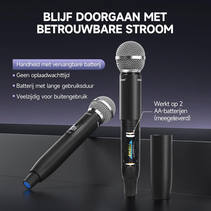 Draadloze microfoonset – Professionele microfoonset – Draadloze microfoon – UHF microfoon – Karaoke microfoon – 2 Handmicrofoons – Auto-Scan en IR-Synchronisatie – Bereik tot 100 meter