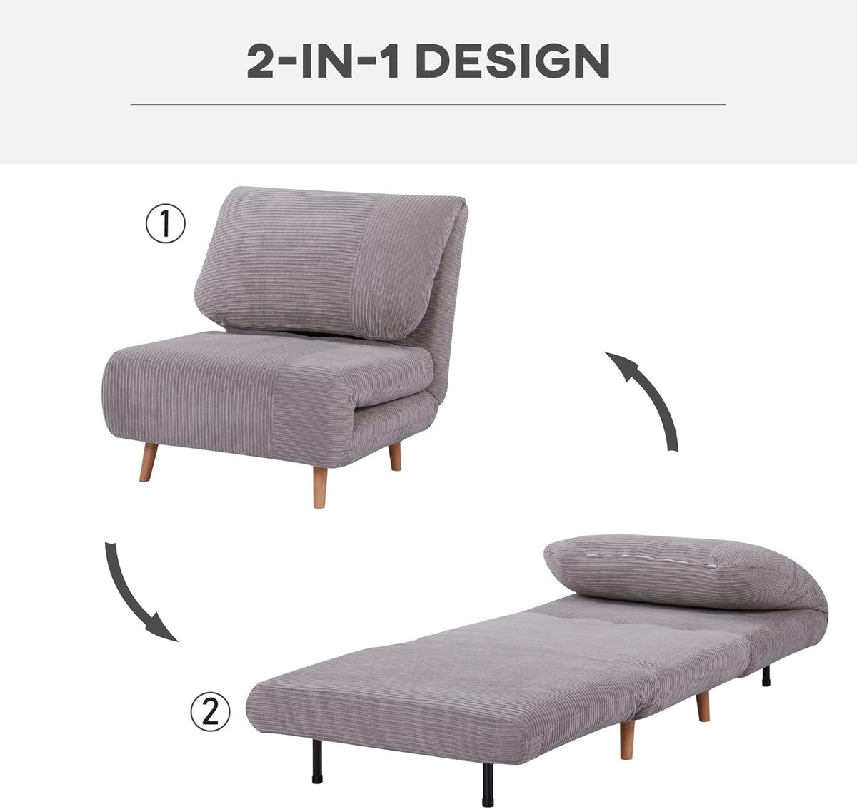 HOMCOM 2-in-1 Sofa Bed, Armchair Bed, Adjustable Folding Mattress Guest Bed, Corduroy Chaise Lounge, for Bedrooms, Living Rooms, Light Grey 82 x 89 x 83 cm - QUORE